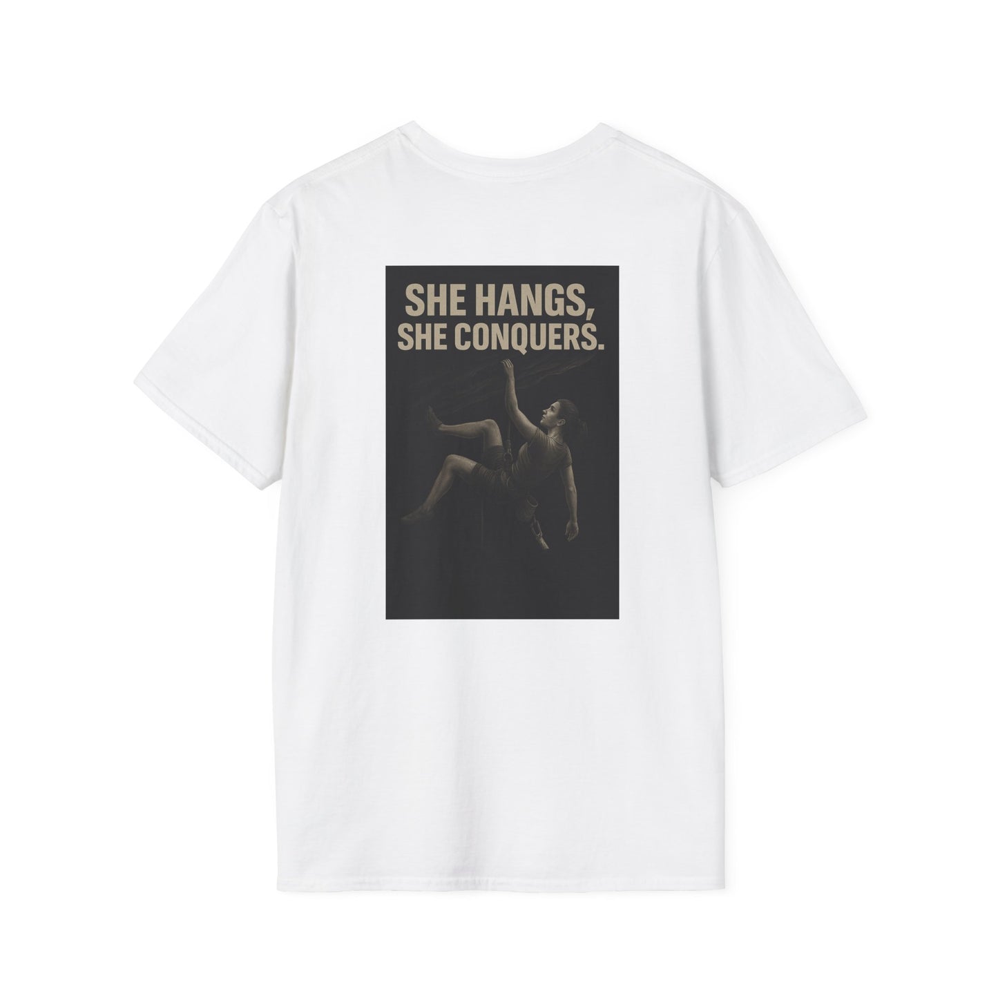 She Hangs, She Conquers T-Shirt – Unisex Softstyle (Pink Shirt – Female Climber