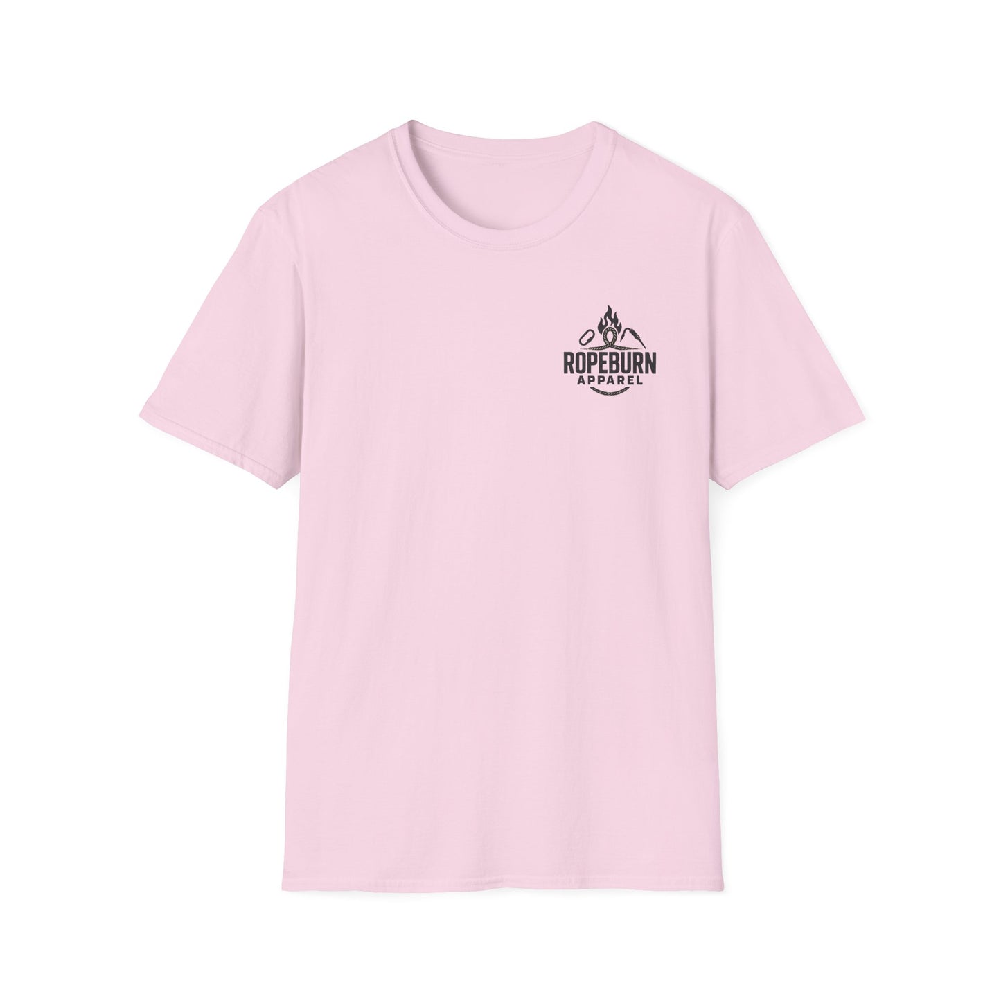 She Hangs, She Conquers T-Shirt – Unisex Softstyle (Pink Shirt – Female Climber