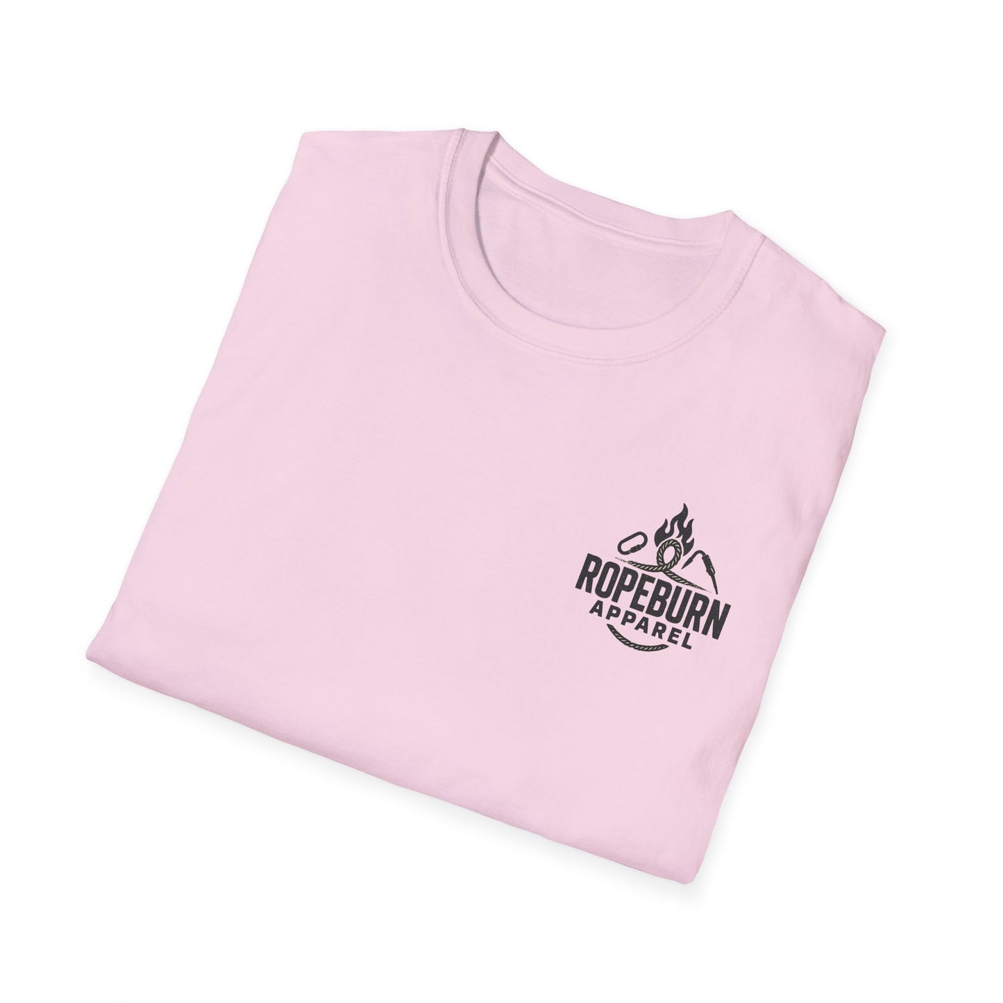 She Hangs, She Conquers T-Shirt – Unisex Softstyle (Pink Shirt – Female Climber