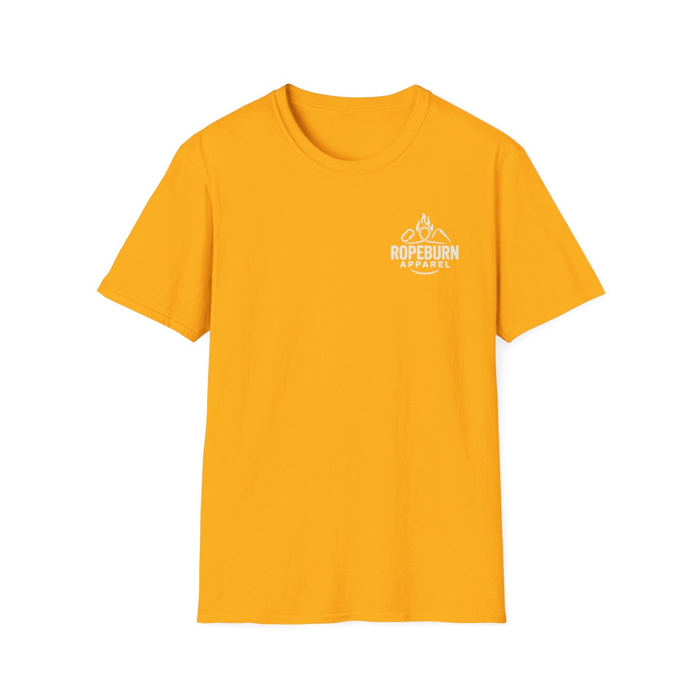 Cliffside Living. Rope-Born Grit.” (White Shirt – Male Climber)