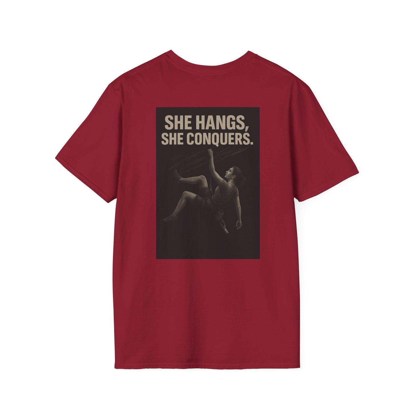 She Hangs, She Conquers T-Shirt – Unisex Softstyle (Pink Shirt – Female Climber
