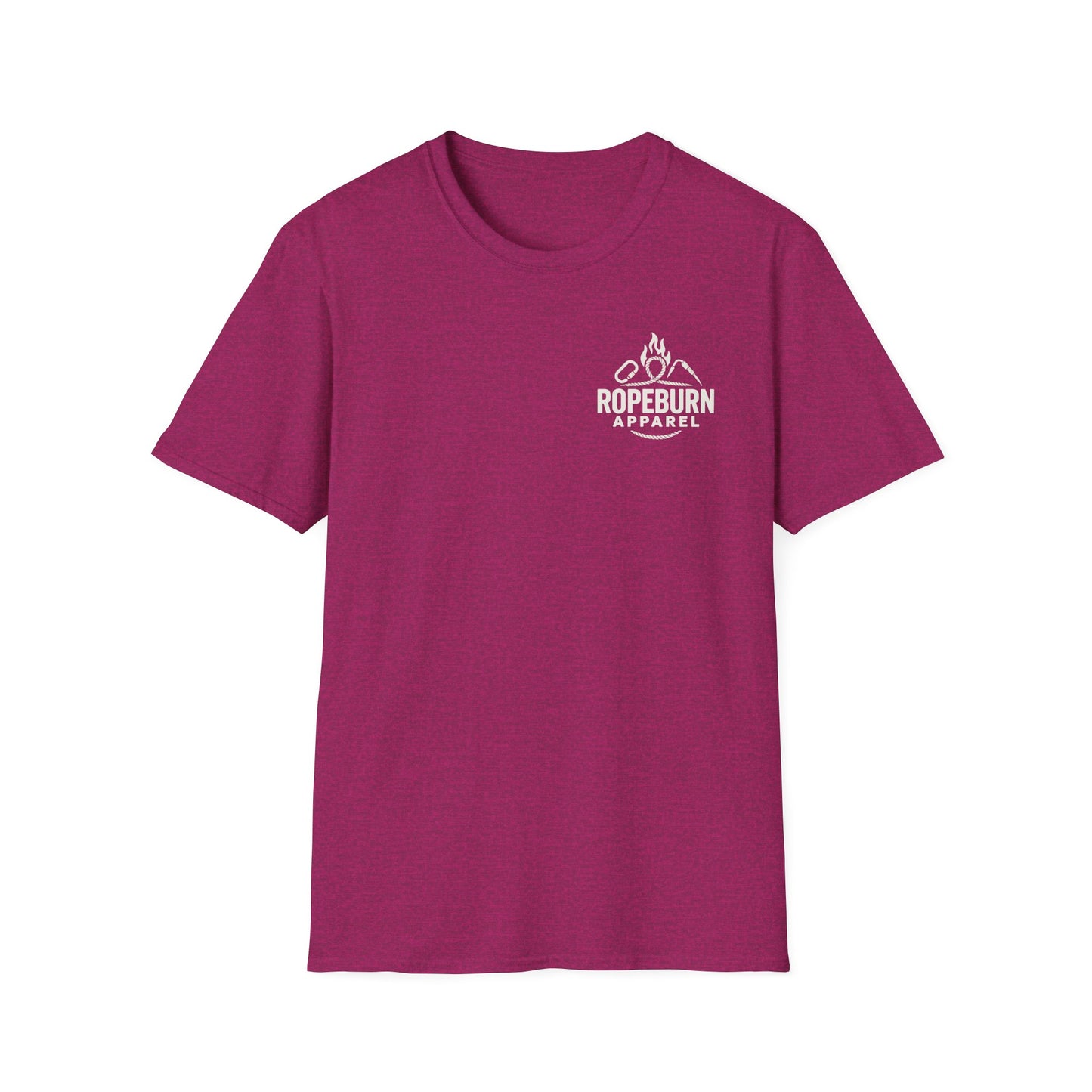 She Hangs, She Conquers T-Shirt – Unisex Softstyle (Pink Shirt – Female Climber