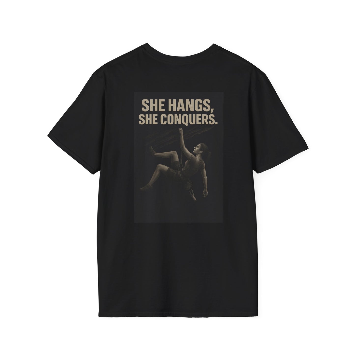 She Hangs, She Conquers T-Shirt – Unisex Softstyle (Pink Shirt – Female Climber