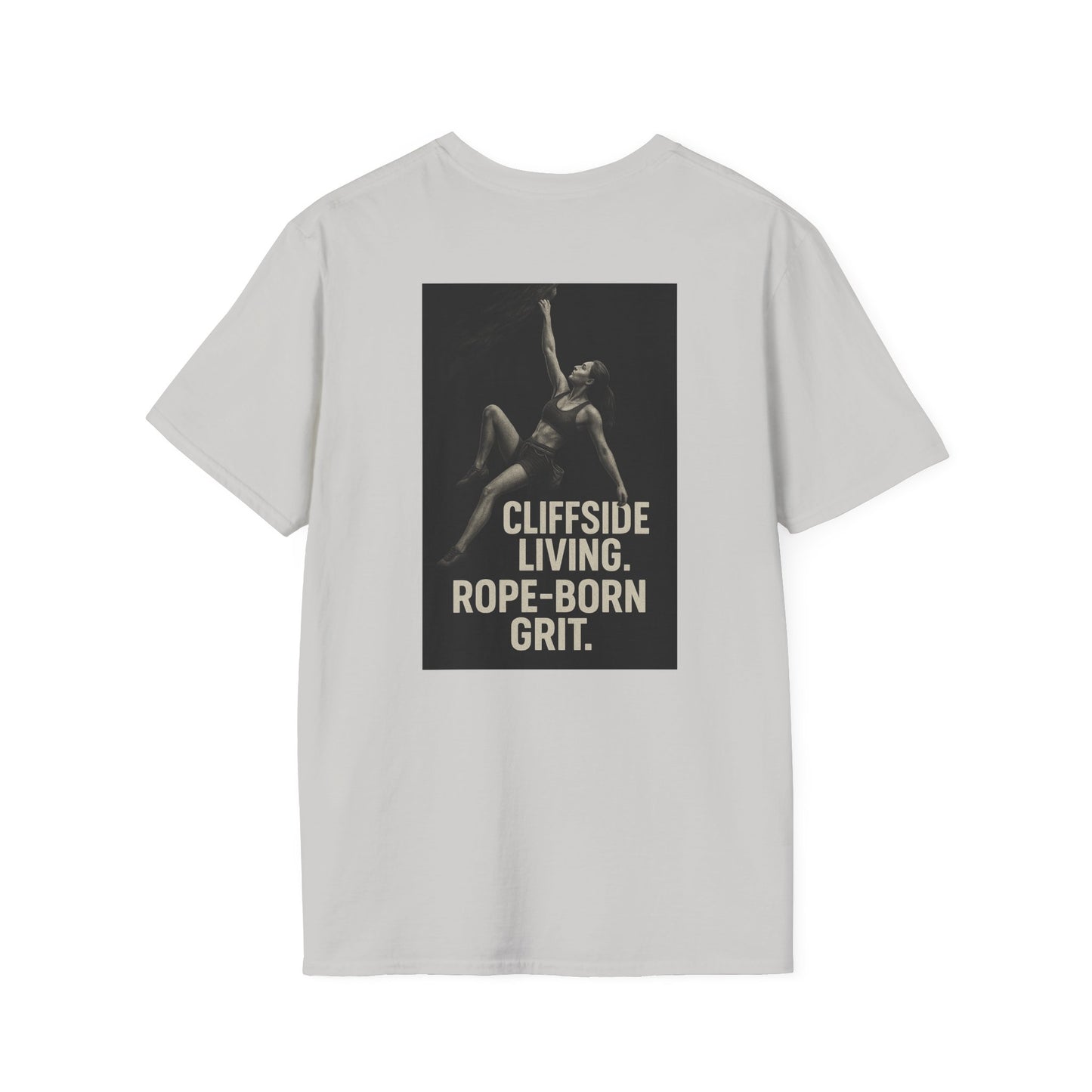 Cliffside Living Unisex Softstyle T-Shirt – Rope-Born Grit (Pink Shirt – Female Climber