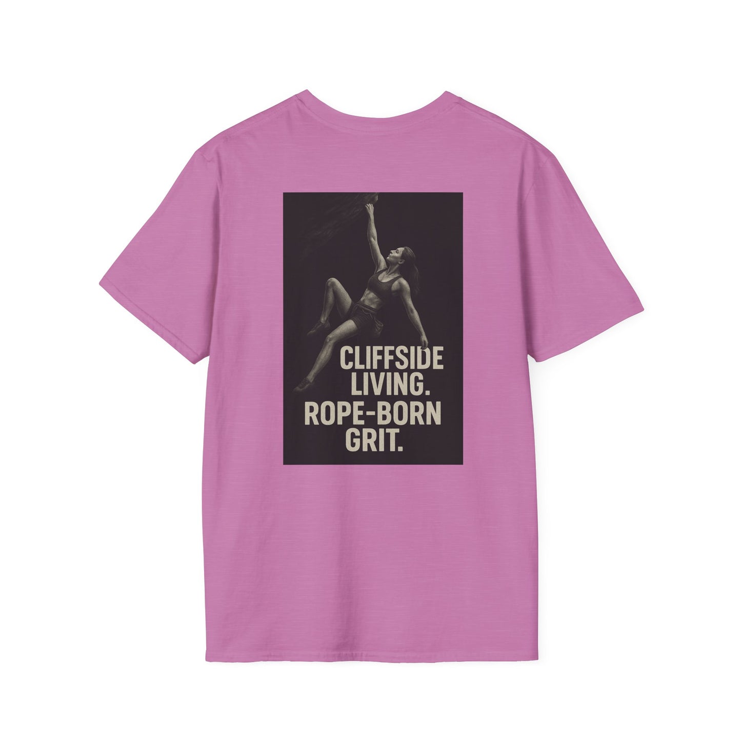 Cliffside Living Unisex Softstyle T-Shirt – Rope-Born Grit  (Pink Shirt – Female Climber