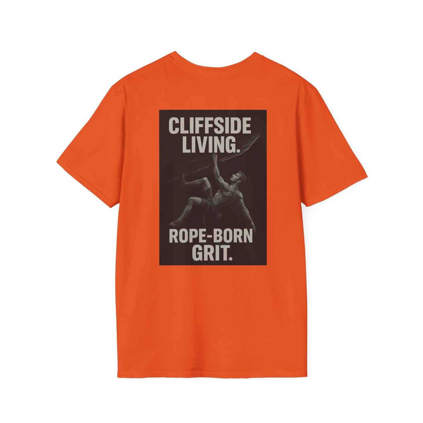Cliffside Living. Rope-Born Grit.” (White Shirt – Male Climber)