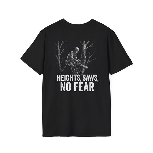 Heights, Saws, No Fear T-Shirt – Tree Worker Graphic Tee, Rope Tech Gear, Arborist Humor Shirt, Climber Lifestyle Wear