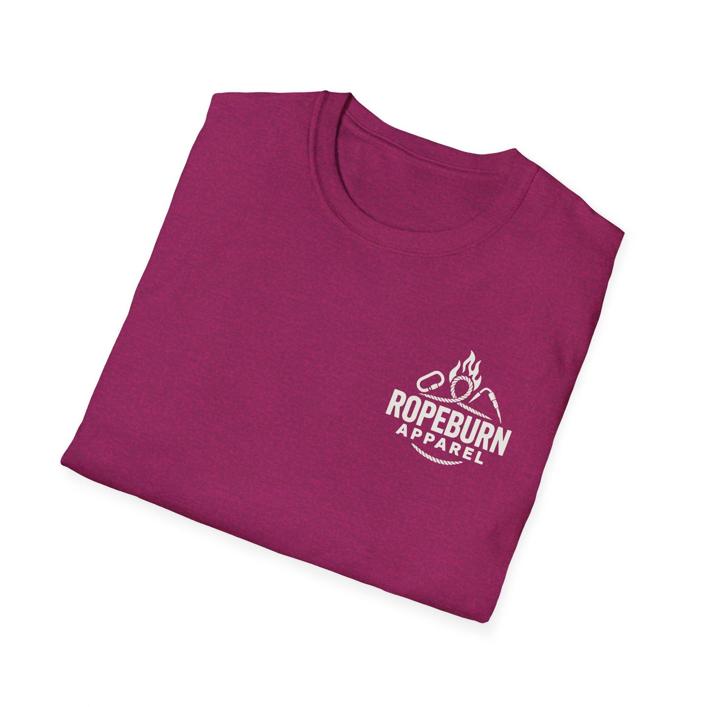 She Hangs, She Conquers T-Shirt – Unisex Softstyle  (Pink Shirt – Female Climber