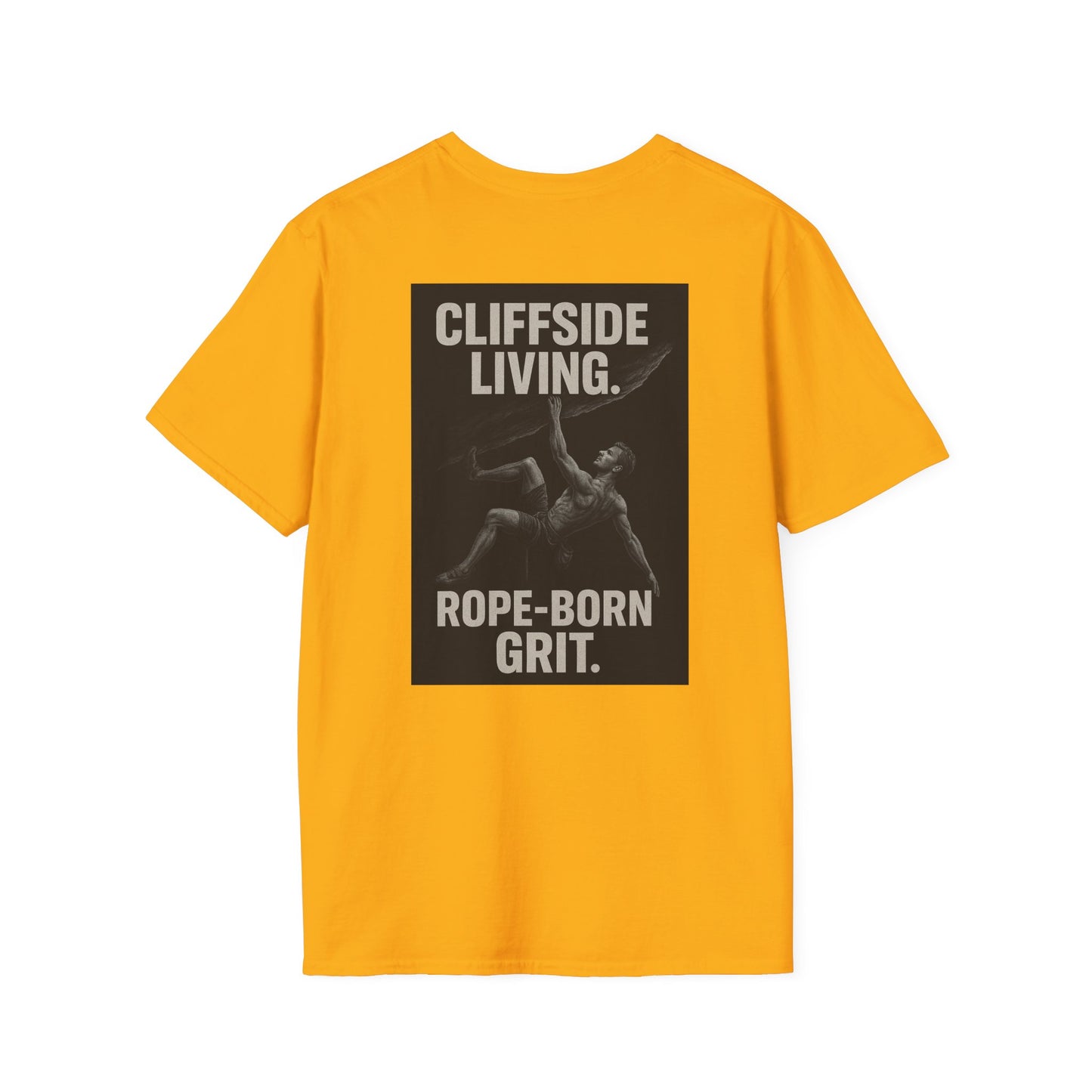 Cliffside Living. Rope-Born Grit.” (White Shirt – Male Climber)