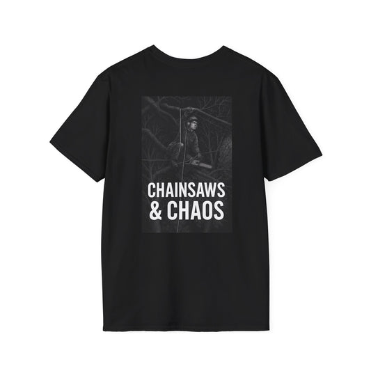 Chaos & Chainsaws T-Shirt – Tree Climber’s Classic, Arborist Humor Tee, Rope Tech Life Shirt
