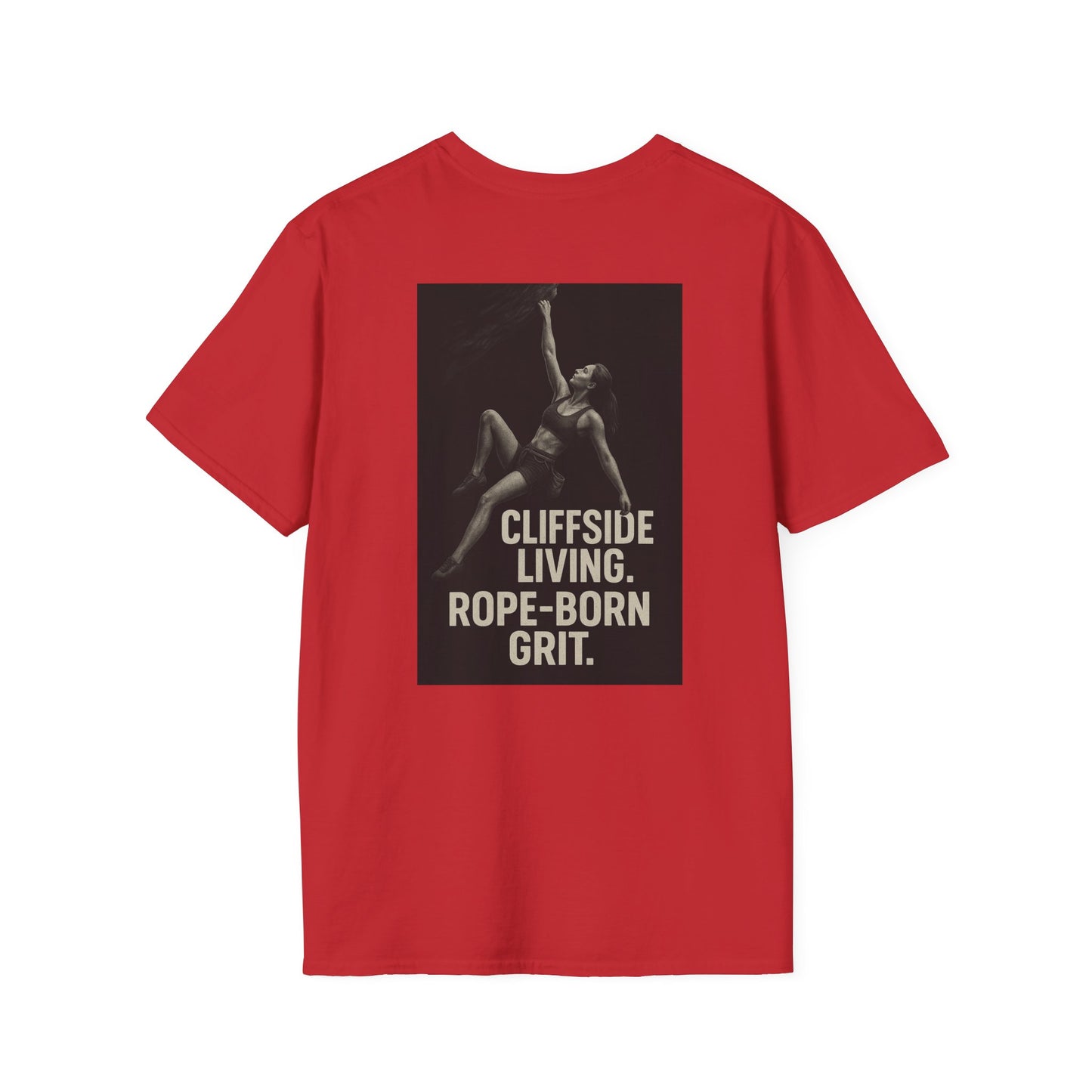 Cliffside Living Unisex Softstyle T-Shirt – Rope-Born Grit  (Pink Shirt – Female Climber