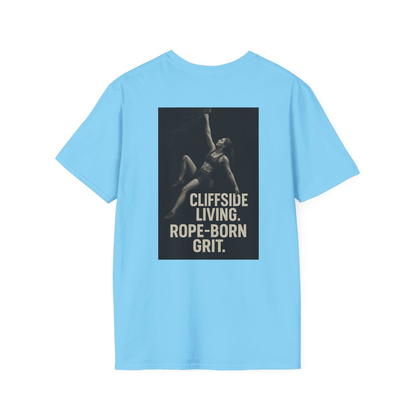 Cliffside Living Unisex Softstyle T-Shirt – Rope-Born Grit  (Pink Shirt – Female Climber
