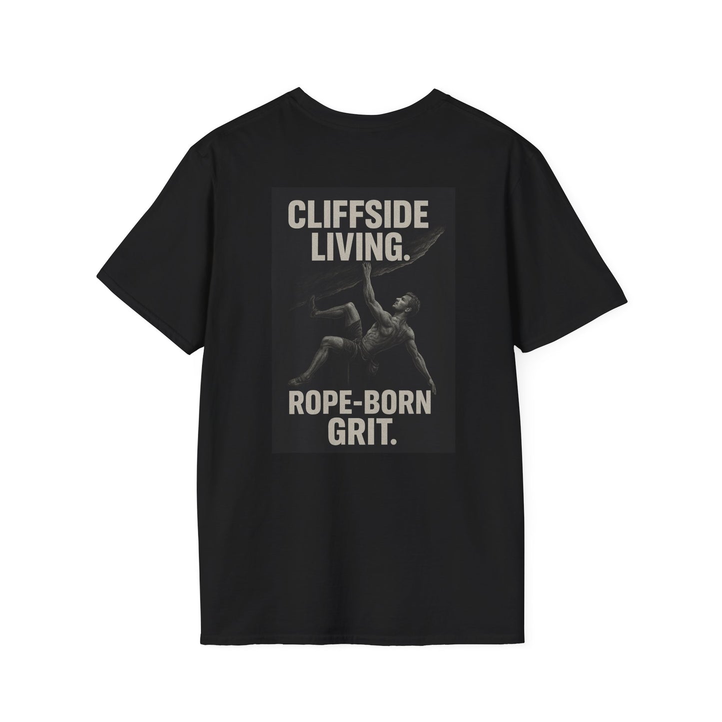 Cliffside Living. Rope-Born Grit.” (White Shirt – Male Climber)