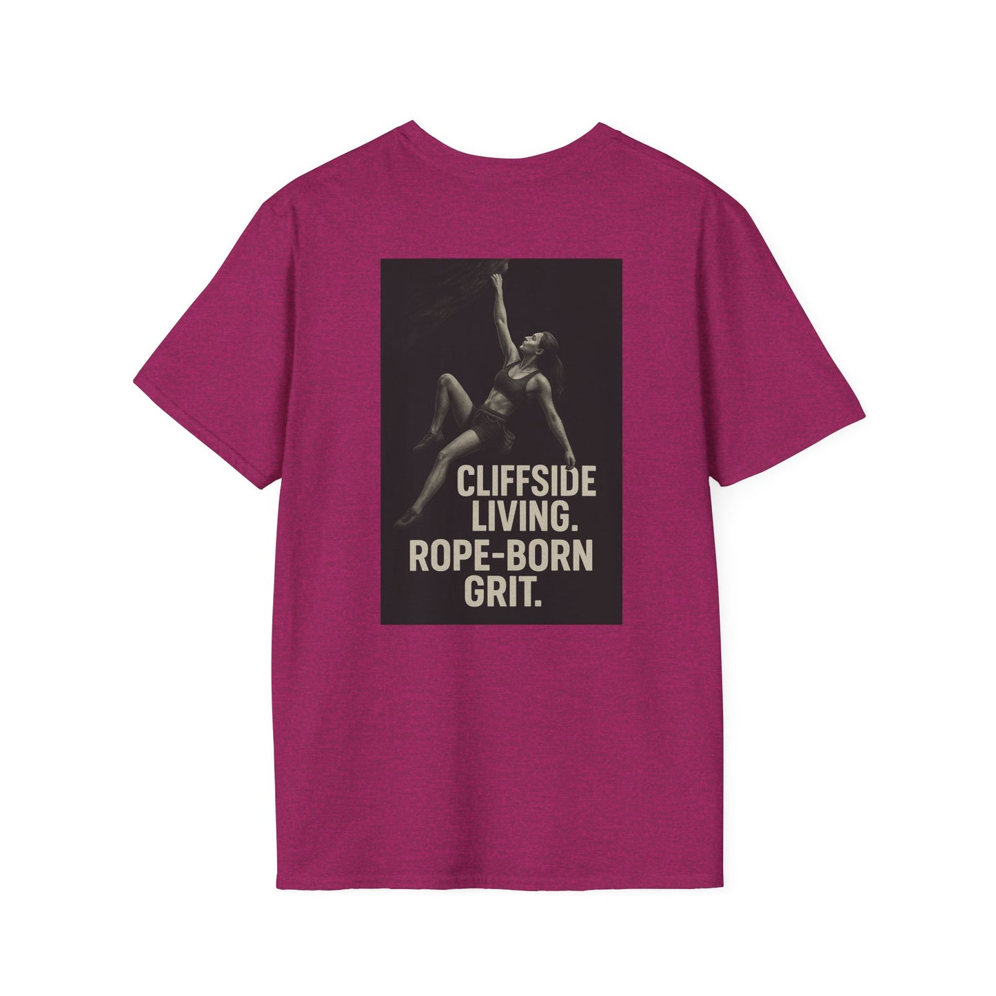 Cliffside Living Unisex Softstyle T-Shirt – Rope-Born Grit  (Pink Shirt – Female Climber