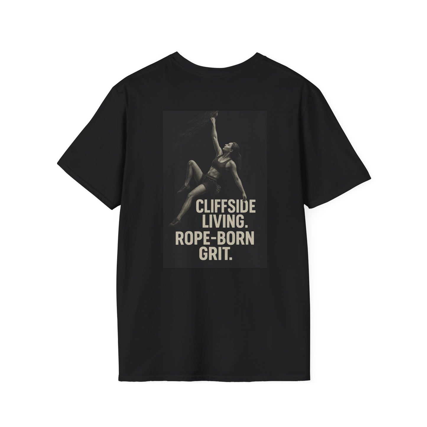 Cliffside Living Unisex Softstyle T-Shirt – Rope-Born Grit  (Pink Shirt – Female Climber