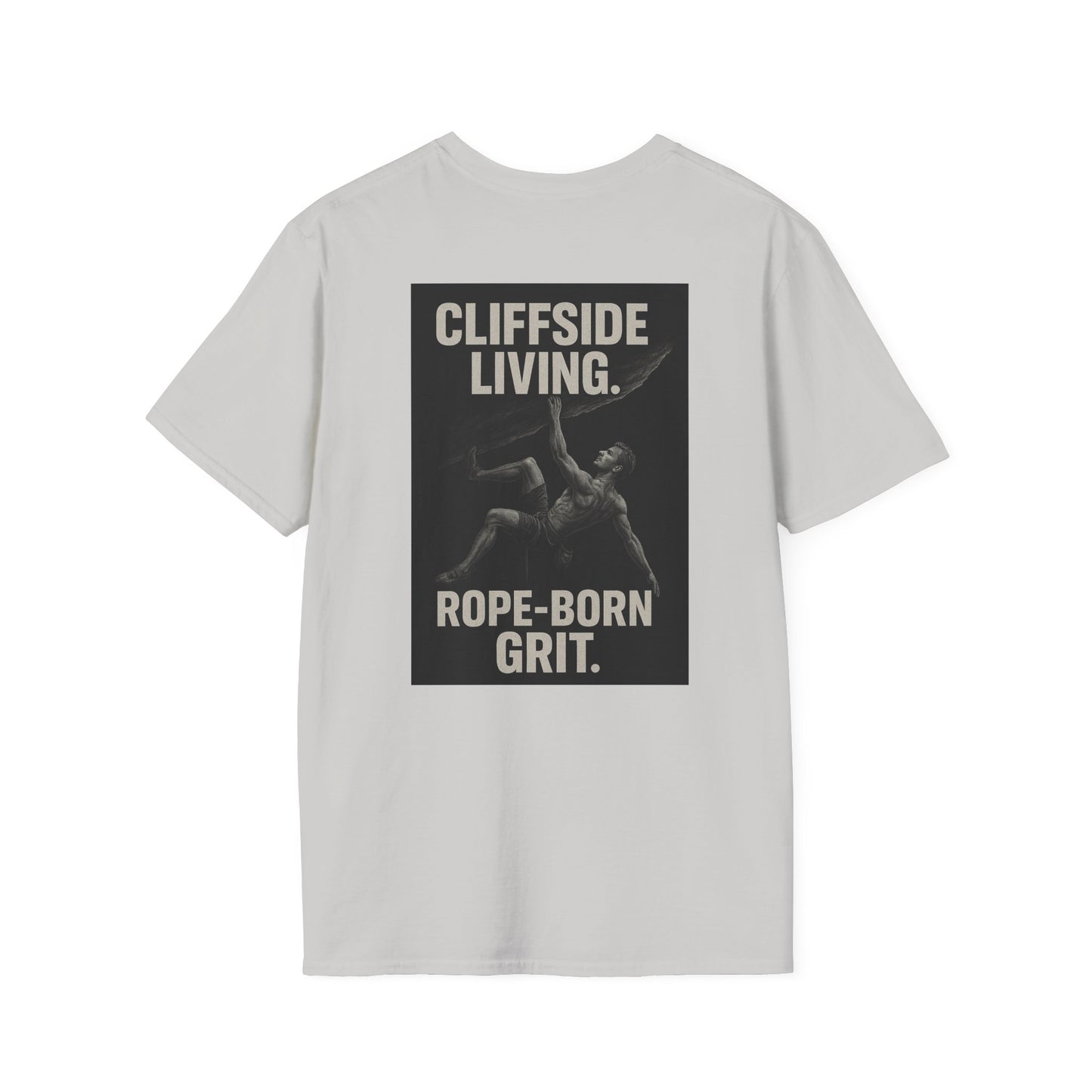 Cliffside Living. Rope-Born Grit.” (White Shirt – Male Climber)