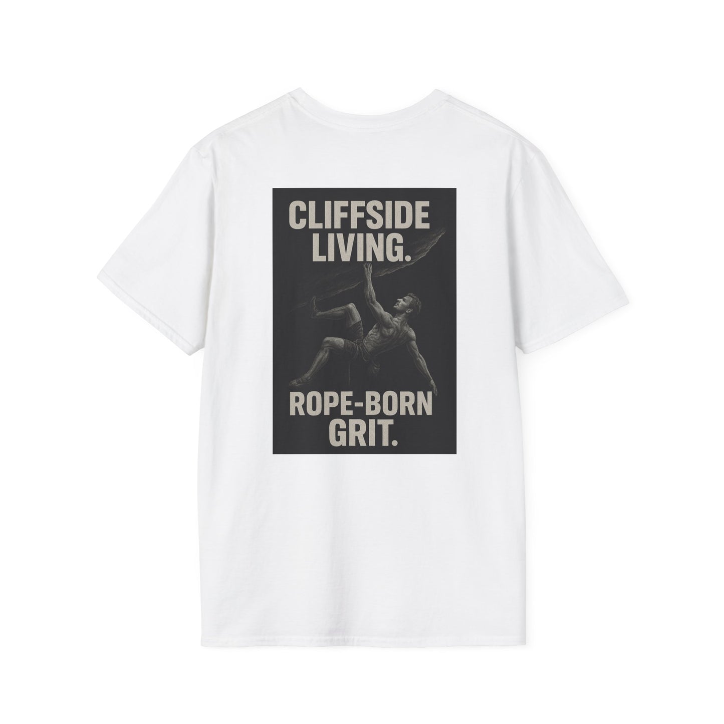 Cliffside Living. Rope-Born Grit.” (White Shirt – Male Climber)