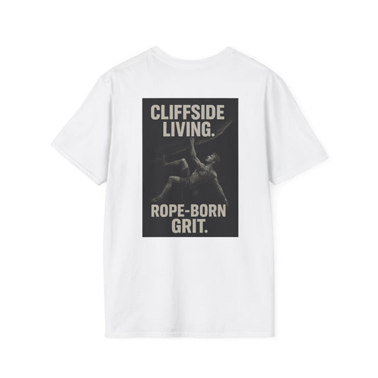 Cliffside Living. Rope-Born Grit.” (White Shirt – Male Climber)