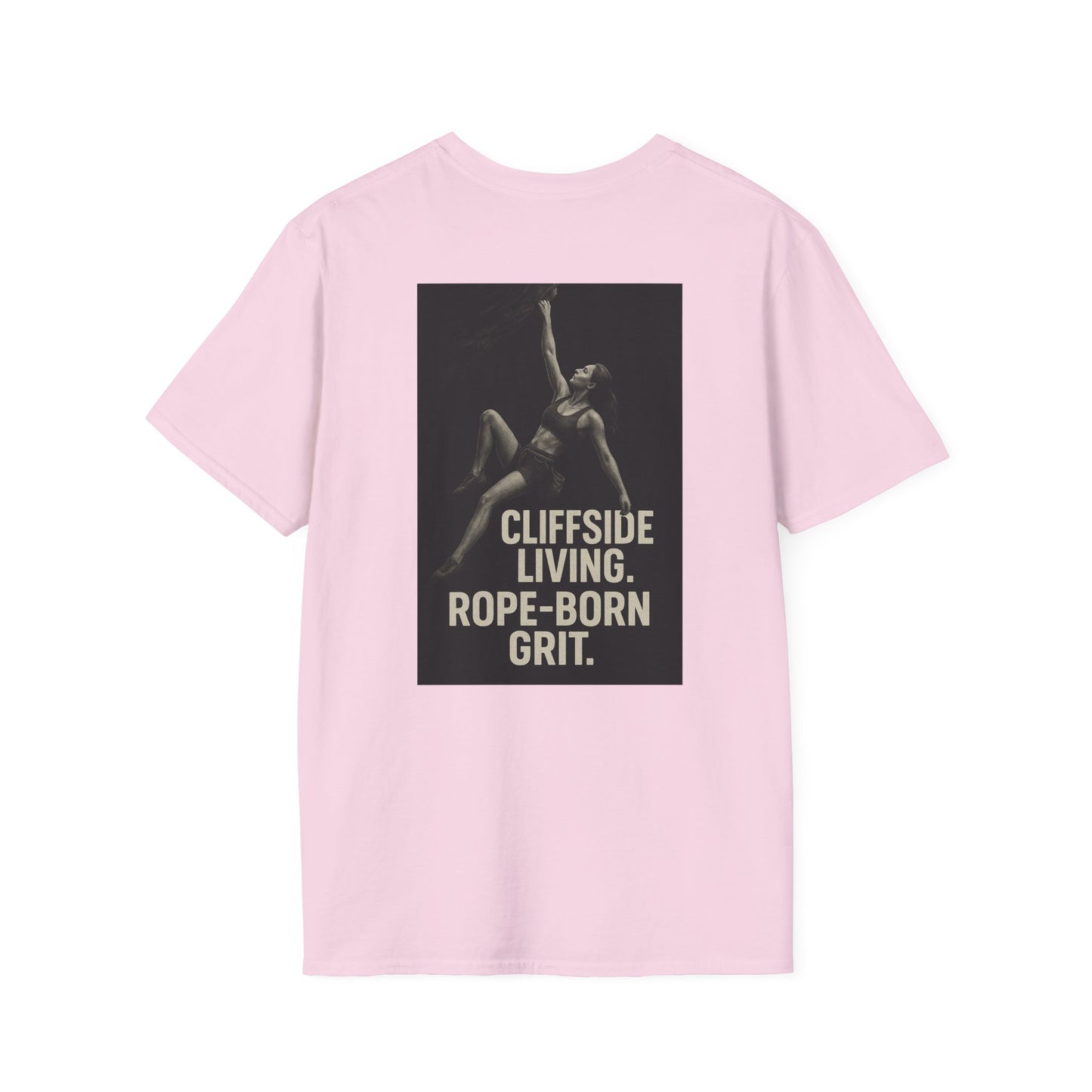 Cliffside Living Unisex Softstyle T-Shirt – Rope-Born Grit  (Pink Shirt – Female Climber