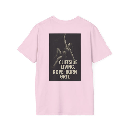 Cliffside Living Unisex Softstyle T-Shirt – Rope-Born Grit  (Pink Shirt – Female Climber