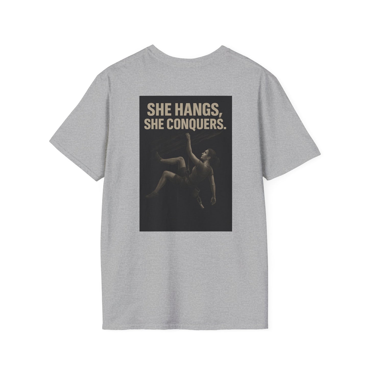She Hangs, She Conquers T-Shirt – Unisex Softstyle  (Pink Shirt – Female Climber