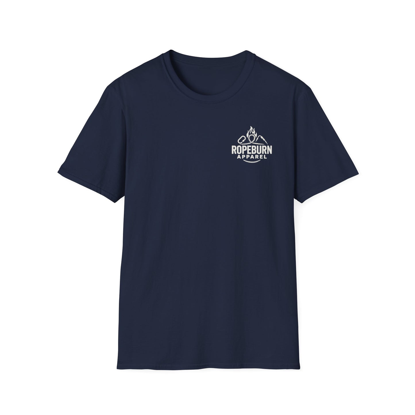 Cliffside Living. Rope-Born Grit.” (White Shirt – Male Climber)