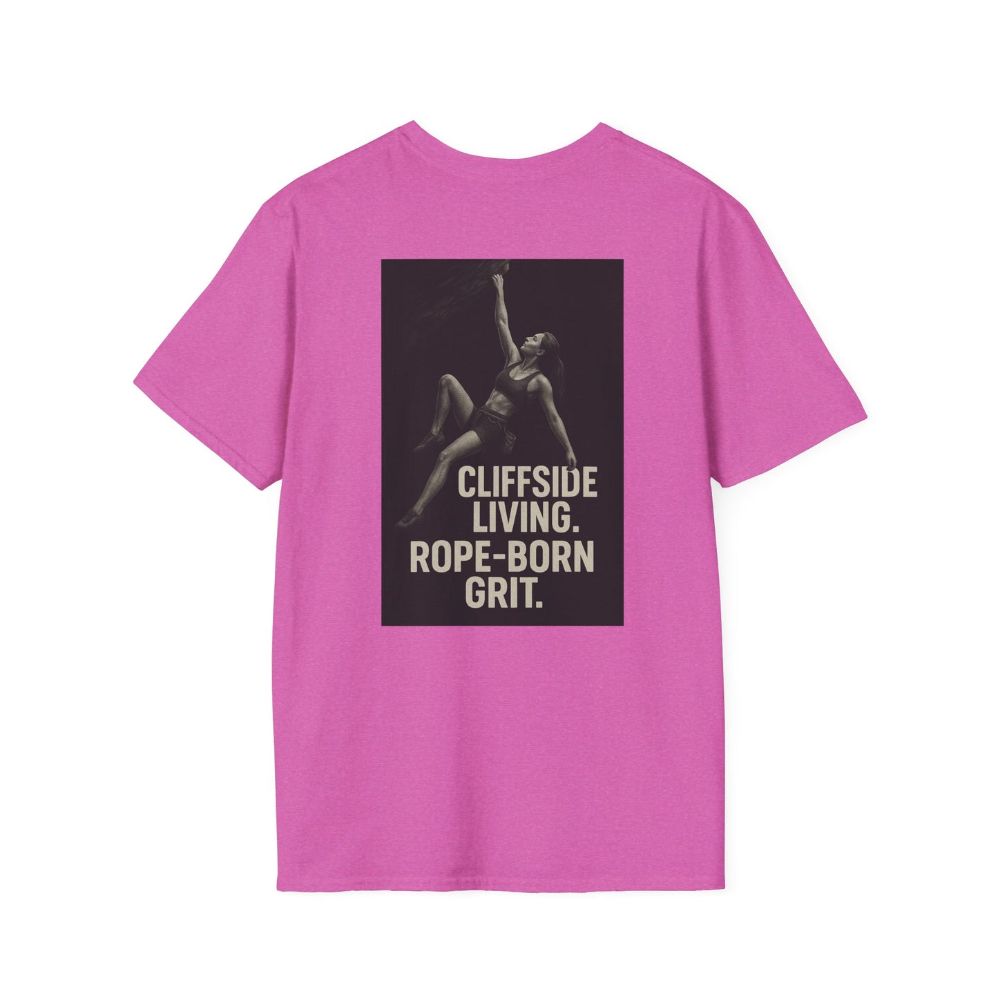 Cliffside Living Unisex Softstyle T-Shirt – Rope-Born Grit  (Pink Shirt – Female Climber