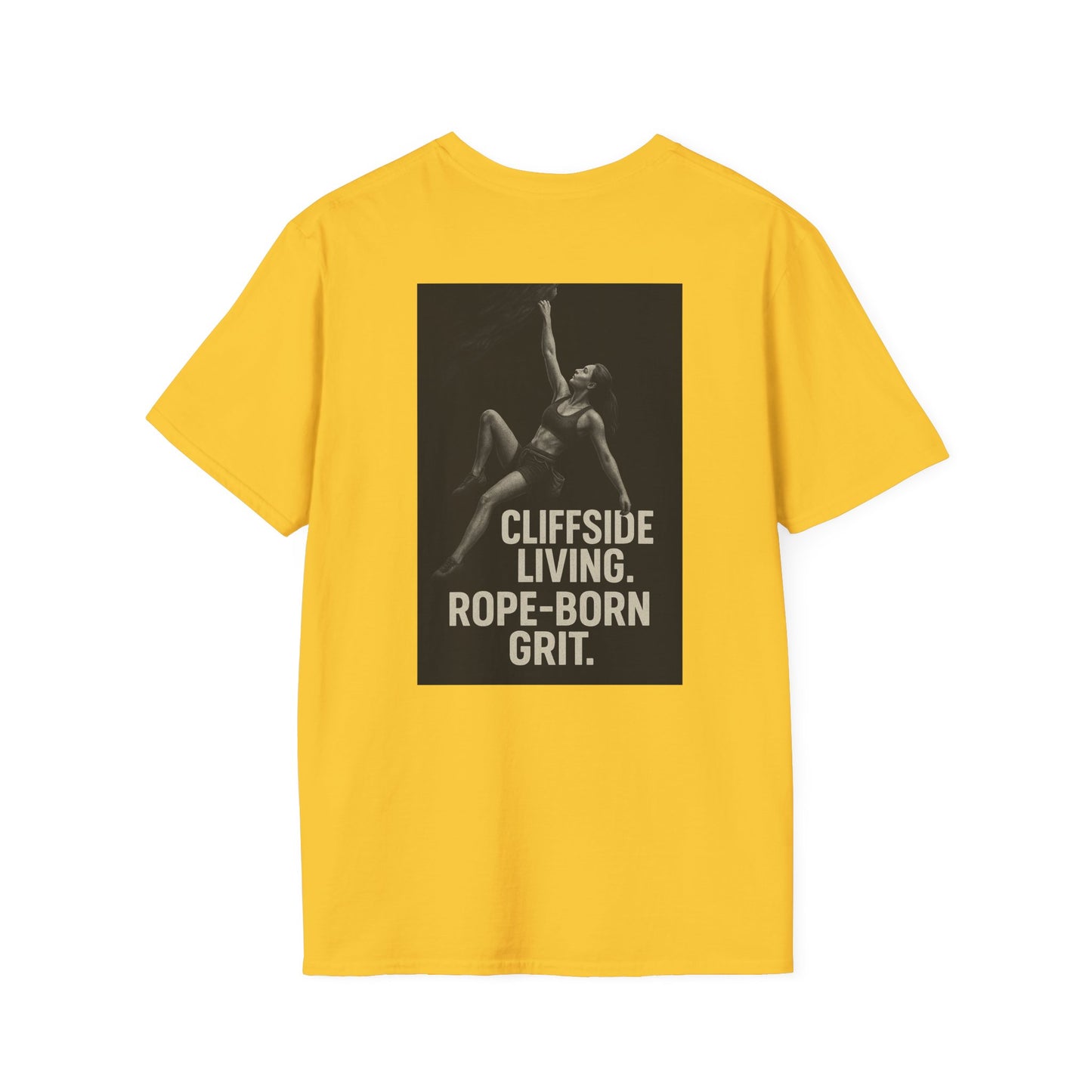 Cliffside Living Unisex Softstyle T-Shirt – Rope-Born Grit  (Pink Shirt – Female Climber