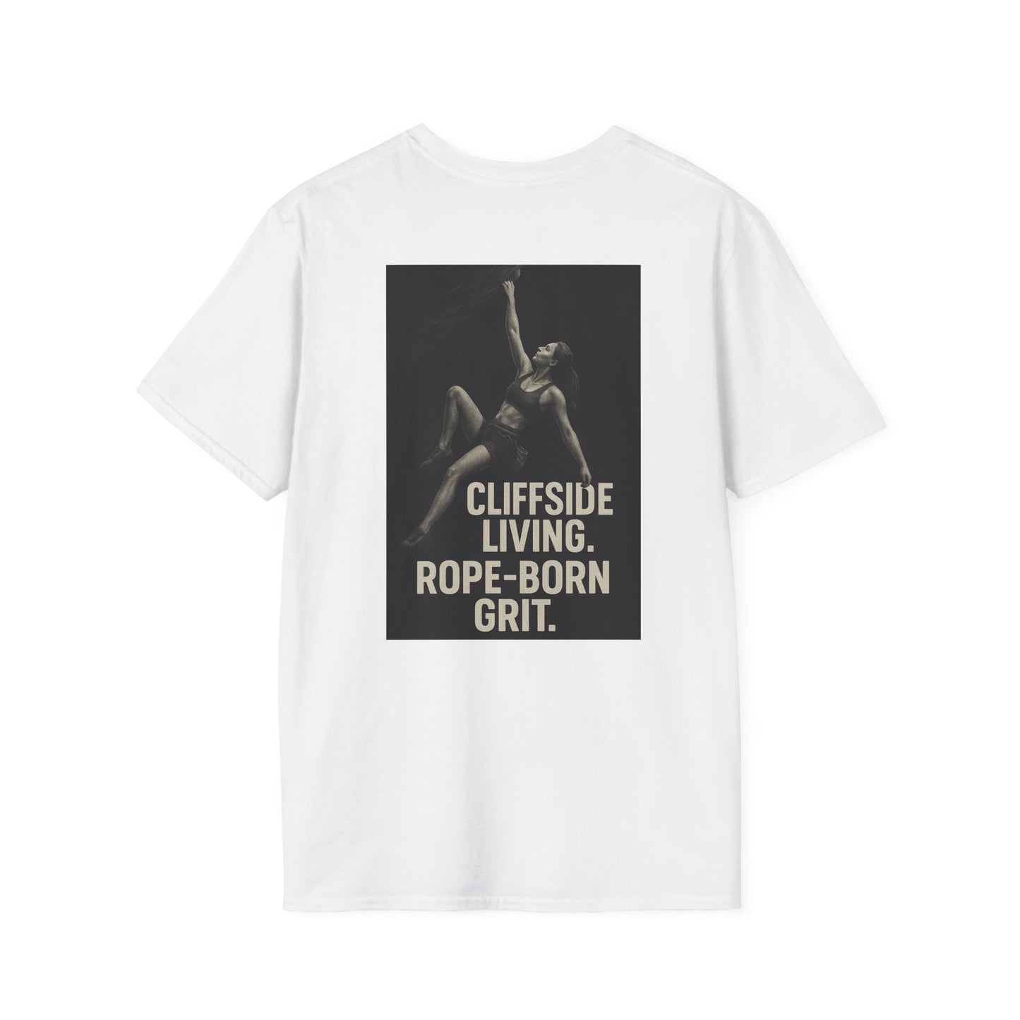 Cliffside Living Unisex Softstyle T-Shirt – Rope-Born Grit  (Pink Shirt – Female Climber